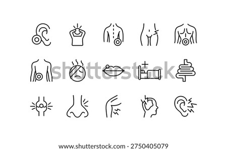 Human Pain line icon set. Body ache, head, hand, leg, abdomen, chest, back, toes, sickness, illness, injury, infection, symptom, outline icons. Editable vector stroke