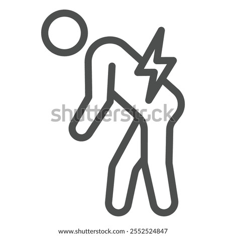 Human with pain line icon, stiffness when walking concept. Vector graphics. Man bent and lightning sign on white background, outline style icon for mobile or web design