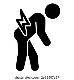 Human with pain solid icon, stiffness when walking concept. Vector graphics. Man bent and lightning sign on white background, glyph style mobile or design