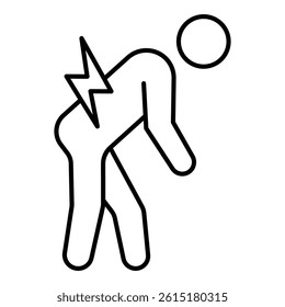 Human with pain thin line icon, stiffness when walking concept. Vector graphics. Man bent and lightning sign on white background, linear style for mobile or design