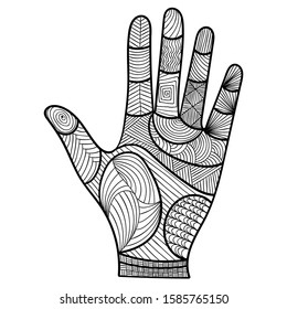 Human palm with doodle patterns divided into palmistry sectors. Fortune teller hand, chiromancy illustration. Art for coloring or print. Easy to change colors inside of object.