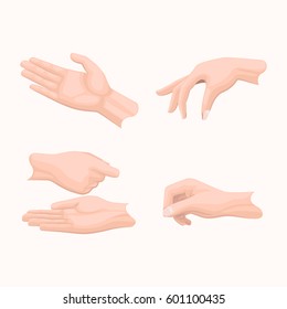 Human Palm Gestures Set. Man Hand In Various Positions With Gathered Together Fingers And Open Palms Handing Something Flat Vectors Set Isolated On White Background For Business Concepts  