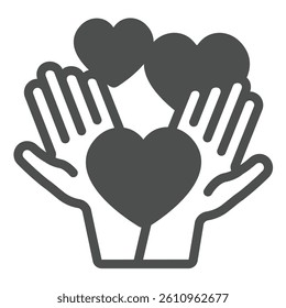 Human palm hands and hearts solid icon, charity concept. Vector graphics. Love sharing, donations sign on white background, glyph style icon for mobile or web design