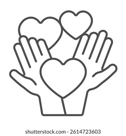 Human palm hands and hearts thin line icon, charity concept. Vector graphics. Love sharing, donations sign on white background, linear style icon for mobile or web design