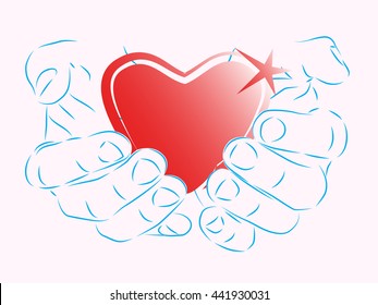 human palm hands holding heart outline vector illustration
