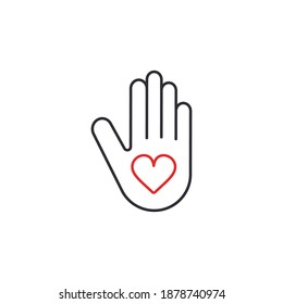 Human Palm mit Heart Inside Symbol Logo Design Vektorgrafik isolierte Linie Illustration. Wohltätigkeitskonzept und Spendenkonzept.