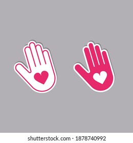 Human Palm with Heart Inside icon, Sticker Logo Design Vector isolated Illustration. Charity and Donation concept.
