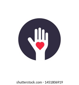 Human Palm Heart Inside Logo Design, Vector Donate Symbol Illustration.