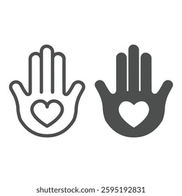 Human palm and heart shape line and solid icon, charity concept. Vector graphics. Hamsa amulet, hand of fatima, hand of miriam sign on white background, outline style icon for mobile or web design