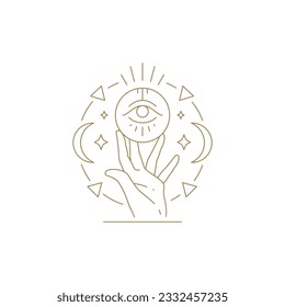Human palm holding all seeing eye surrounded by half moon and stars circle minimalist frame line art vector illustration. Spiritual hand practicing magic with antique esoteric occultism symbol