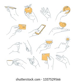 Human palm holding objects hand outline isolated vector body part pencil and apple tennis ball and credit card smartphone and bird handle and cup doorbell and letter gestures and manual signs