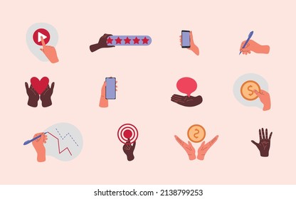 human palm icons, business, media and communication illustration, collection of human hands with phone, money and buttons
