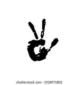 Human palm imprint. paint trace of fingers. Person, hand. Creative, art. Pacifist, happy, peace symbol drawn by paint brush. Black Hippie  graffiti sign isolated on white. 