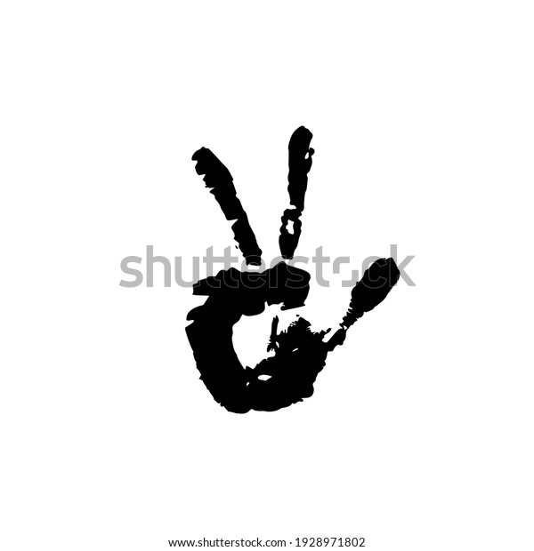 Human palm imprint.\
paint trace of fingers. Person, hand. Creative, art. Pacifist,\
happy, peace symbol drawn by paint brush. Black Hippie  graffiti\
sign isolated on white. 