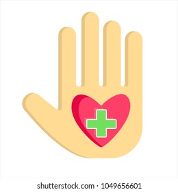 Human palm logo with red heart and green pharmacy cross. Modern flat style vector illustration icons. 
Isolated on white background. Human hand with pharmacy cross concept. 