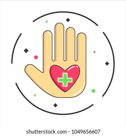 Human palm logo with red heart and green pharmacy cross. Modern flat-line style vector illustration icons. 
Isolated on white background. Human hand with pharmacy cross concept. 