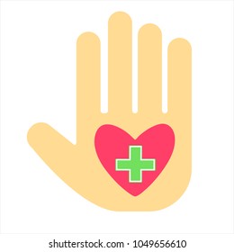 Human palm logo with red heart and green pharmacy cross. Modern flat style vector illustration icons. 
Isolated on white background. Human hand with pharmacy cross concept. 