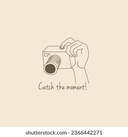  Human palm. Man hand  holding camera and takes picture.  Catch the moment.  Clean and minimalist vector illustration for card, print or poster. 