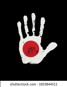 Human palm print in the colors of the Japanese flag. Creative vector design element isolated on the black background. Abstract Japanese flag in the form of a handprint