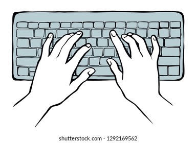 Human palm push on small keypad on white table desk backdrop. Black line drawn netbook pad. Www social data key icon sign sketch in modern art doodle style on space for text. Close up above top view