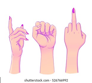 Human palm raised up. Set of hands in different gestures emotions and signs. Vector illustration isolated on white. 