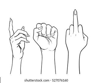 Human palm raised up. Set of hands in different gestures emotions and signs. Vector illustration isolated on white. 