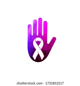 Human palm with ribbon against home abuse logo. Domestic violence logotype. Purple hand abused hitting support vector illustration. Isolated aggression protection, self-defense icon.