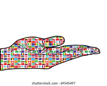 human palm with world flags