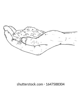 Human palms hold the soil icon. Vector illustration of a hand holding a handful of earth. Man's hands hold a handful of earth.