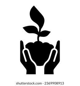 Las palmas humanas sostienen un ícono sólido brote joven, ahorran el concepto de naturaleza, símbolo Sprout sobre fondo blanco, planta en manos cuidadosas icono en estilo glifo para concepto móvil y web. Gráficos vectoriales