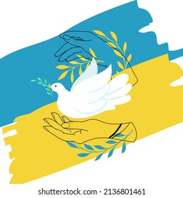 Human palms holding white dove peace symbol, blue and yellow flag, vector illustration.