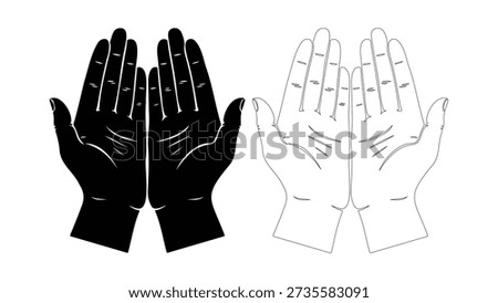 Human palms open for prayer, islamic supplication, faith and devotion gesture