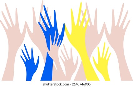 Human palms are raised up. Hands with fair skin and hands of yellow and blue colors. Themes of nationality and volunteerism. Help and choices.