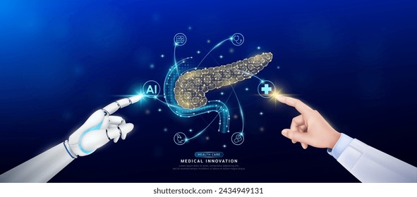 Human pancreas in atom. Doctor and robot finger touching icon AI cross symbol. Health care too artificial intelligence cyborg or technology innovation science medical futuristic. Banner vector EPS10.