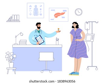 Human Pancreas concept. Gastrointestinal clinic. Doctor gastroenterologist appointment, treatment, patient help. Medical office. Digestive system disease. Cancer Internal organs vector illustration.