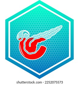 Páncreas humano, vesícula endocrina, sistema digestivo, contenedor de vidrio translúcido sano, fluido Sangre relleno Icono médico Pictograma Hexagón aislado en fondo blanco