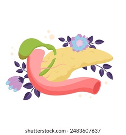 Páncreas humano, órgano interno del sistema digestivo y endocrino con flores en crecimiento y decoración de plantas. Páncreas sano, modelo de anatomía de la vesícula biliar y hierbas florecientes Ilustración vectorial de dibujos animados