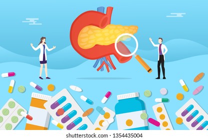 Human Pancreas Medicine Health Pills Drug Capsule Treatment With Doctor Analysis - Vector