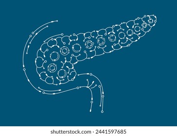 Umrissmodell der elektronischen Platine des menschlichen Pankreasorgans. Isoliert auf blauem Hintergrund. In: Science medical technology concept. Vektor EPS10 Illustration.