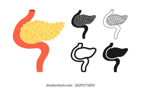 Human pancreas symbol set. Anatomical digestion organ pancreas icon on white background. Drawing human pancreas for medical infographic children simple style stylized sign design vector illustration