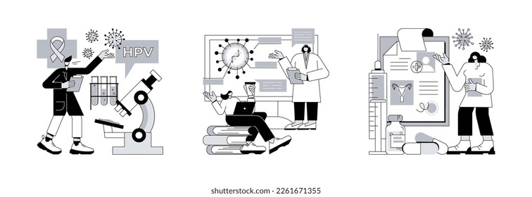 Human papillomavirus abstract concept vector illustration set. Risk factors for HPV, health education programs, papillomavirus treatment, infection diagnostics, immune system abstract metaphor.