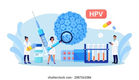 Human papillomavirus. Doctor diagnosis HPV virus. Cervical cancer early diagnostics and checkup. Scientist analyzing infected cells. HPV vaccination for reduce virus infection risk or oncology