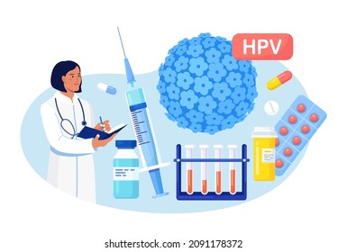 Human papillomavirus. Doctor diagnosis HPV virus. Cervical cancer early diagnostics and checkup. Scientist analyzing infected cells. HPV vaccination for reduce virus infection risk or oncology