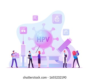 Human Papillomavirus, HPV Virus Diagnosis Checkup and Early Diagnostics Concept. Characters Vaccination, Viral Infection Treatment, Health Protection and Medication. Cartoon Flat Vector Illustration