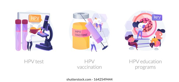 Human papillomavirus prevention, immunity development, antivirus creation. HPV test, HPV vaccination, HPV education programs metaphors. Vector isolated concept metaphor illustrations.