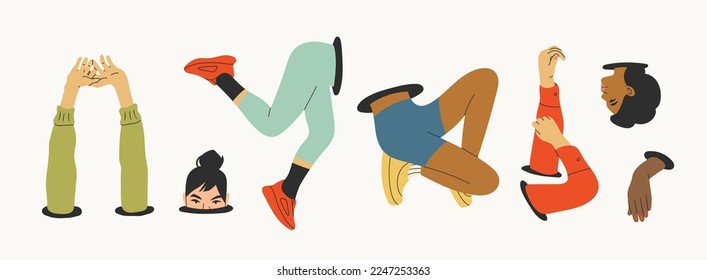 Human parts stick out from the hole, portal hatch or loop. Legs, hands, head, arm. Divided female human body. Teleport, fashion concept. Hand drawn trendy Vector illustration. Isolated design elements