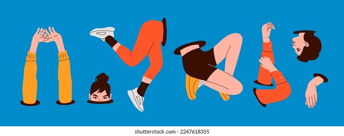 Human parts stick out from the hole, portal hatch or loop. Legs, hands, head, arm. Divided female human body. Teleport, fashion concept. Hand drawn trendy Vector illustration. Isolated design elements