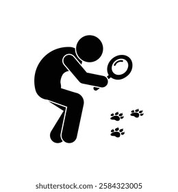 human pathfinder icon, stickman looking at animal tracks through magnifying glass, sticks figure human silhouette, isolated on transparent