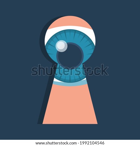 Human peep in the keyhole. Eye and keyhole. Vector illustration flat design. Isolated on white background. Watch in secret. Eye closeup. Invasion of private life. 