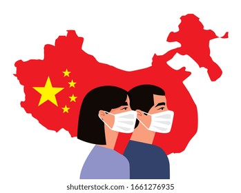 human people cartoon with face mask over china flag with map shape. coronavirus. vector illustration